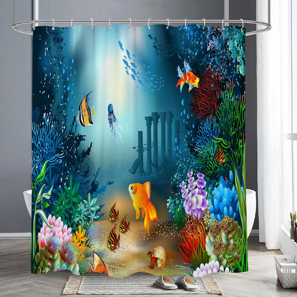 Ocean Animals Shower Curtains Dolphin Sea Turtle Fish Coral Underwater Cave Scenery Fabric Children Bath Curtain Bathroom Decor