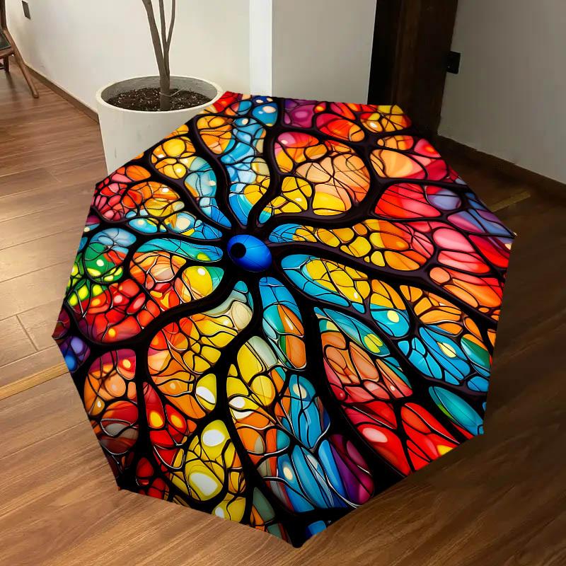 1PC Stained Glass ArtworkAutomatic Open/Close Umbrella with Windproof, 8-Rib Sturdy Canopy, Durable Ribs, Fashionable Design1272A