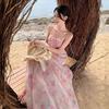 French Floral Neck Fairy Vacation Dress Sexy Backless Seaside Beach Photo Long Dress Woman