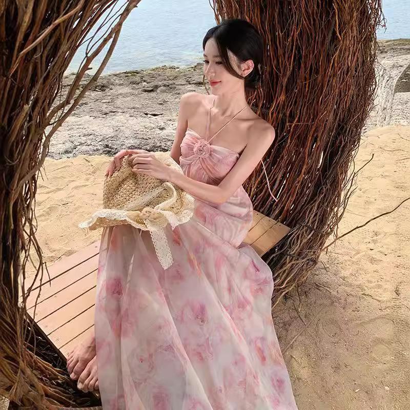 French Floral Neck Fairy Vacation Dress Sexy Backless Seaside Beach Photo Long Dress Woman