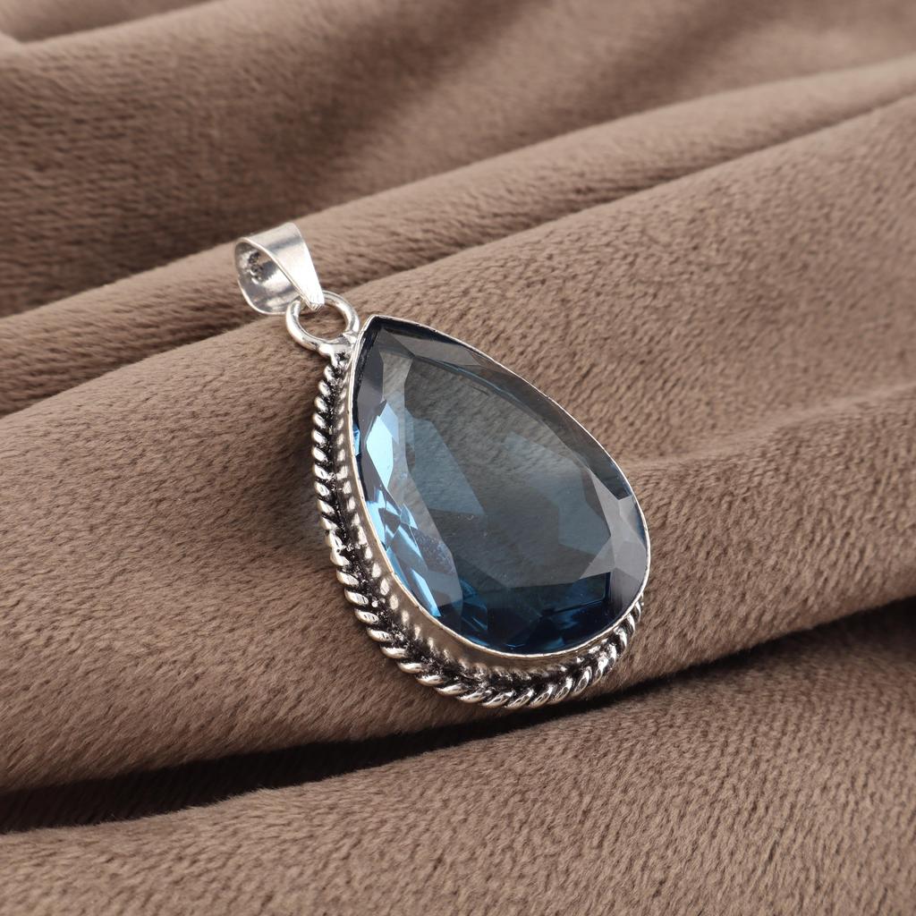 London Blue Topaz Gemstone Silver Pendant 1.8" , 925 Sterling Silver Jewelry, Handmade Stylish Pendant For Women PP-65-2