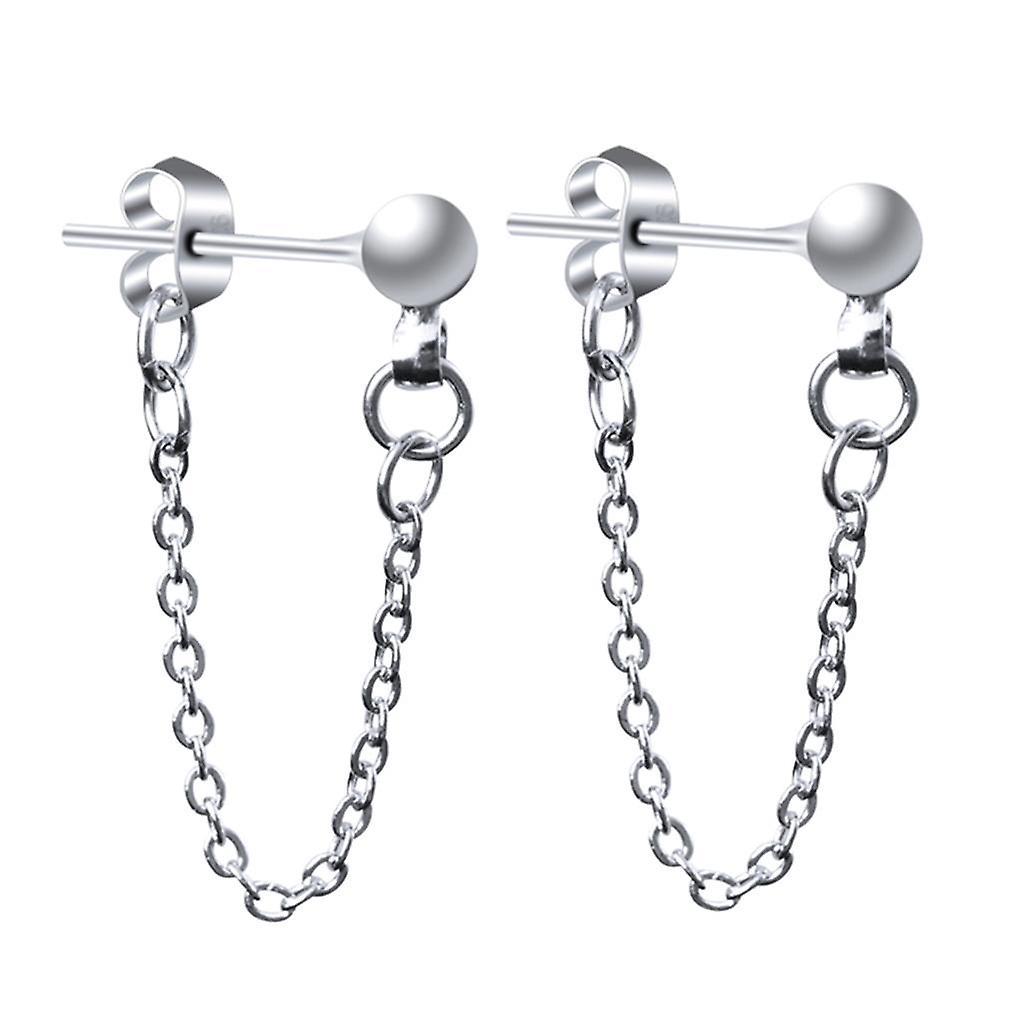 2xStainless Steel Round Ball Stud Earring with Tassel Chain Dangle Earring