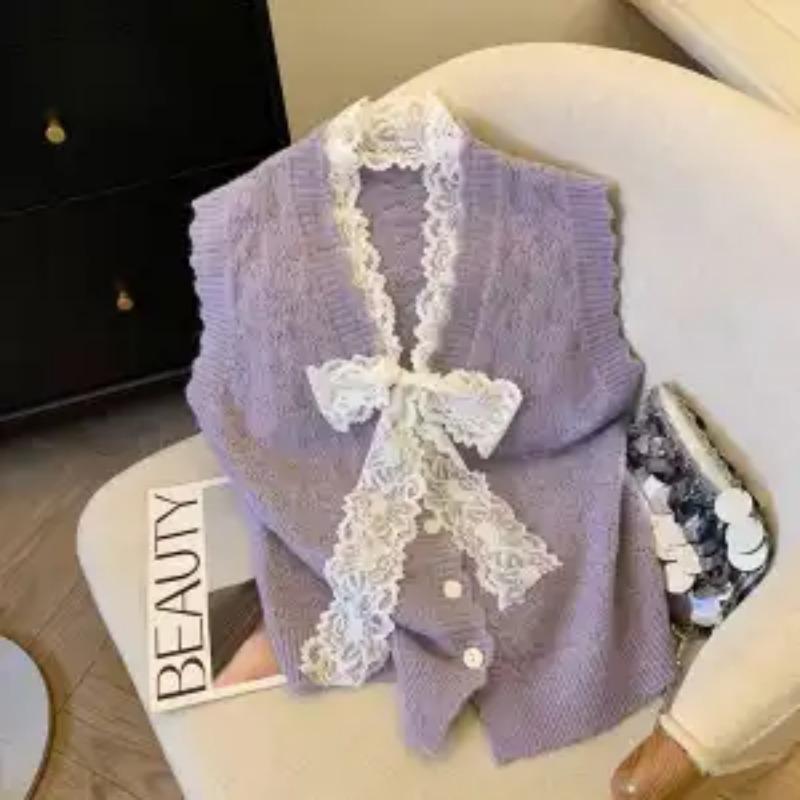 Lace Bow Vest Sweater Women's New 2025 Autumn Outer Layered Sweater Vest