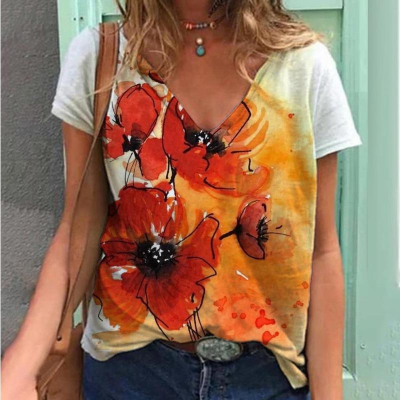 

Women s Floral Print Women s Pullover V-neck Top Summer Short Sleeved Loose Women s T-shirt S