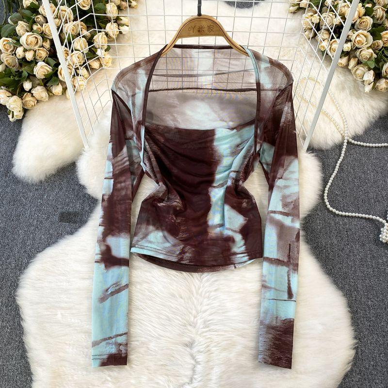 Long Sleeve Square-Neck Tie Dye Mesh Sunscreen Slim Fit Fake Two-Piece