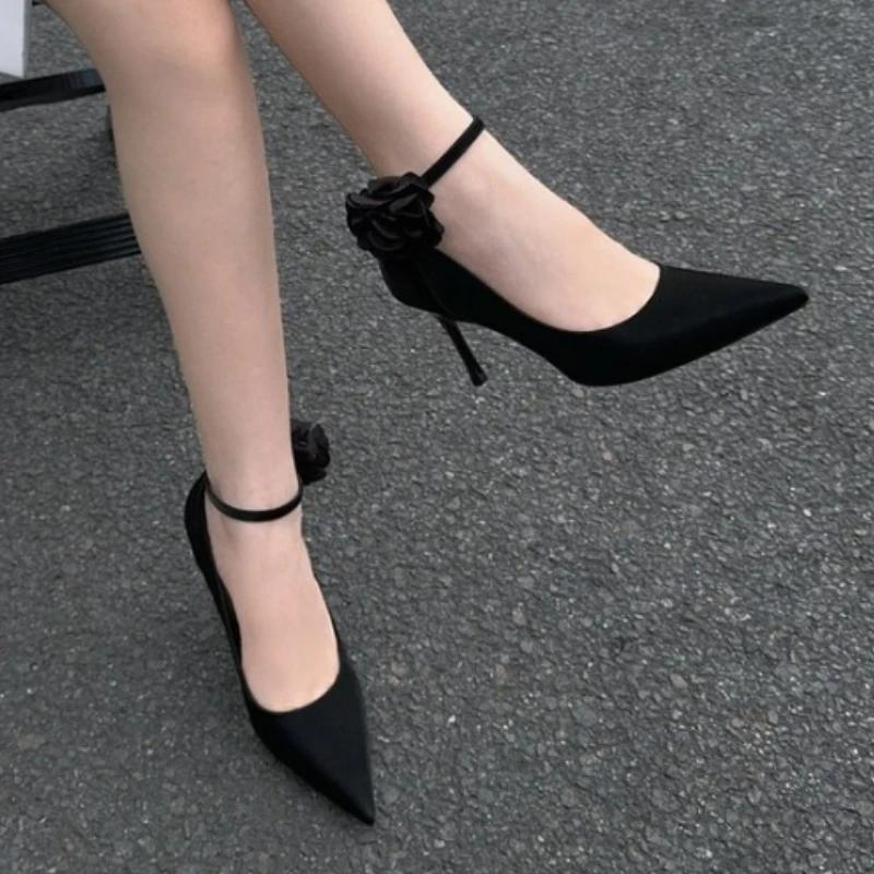 

мода 2024 Женская обувь с ремешком на щиколотке Женские туфли на высоком каблуке Сексуальные вечерние туфли Женские туфли с цветочной пряжкой Ремешок Острый носок Тонкий каблук Женская обувь 40