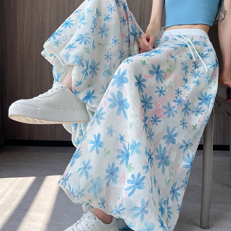 Letní dámské potištěné tenké kalhoty s vysokým pasem a širokými nohavicemi ke kotníkům, kalhoty-sukně s kapsou pro hiphopovou dívku