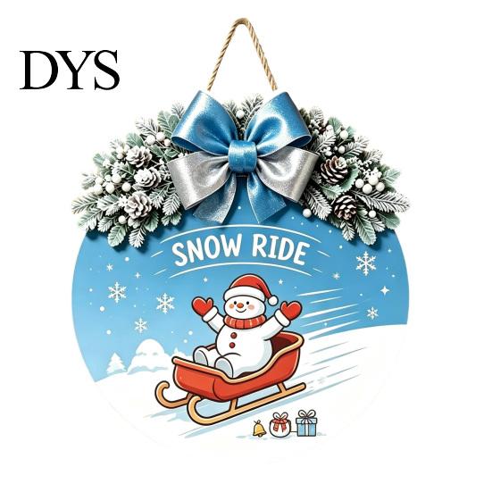 Winter Atmosphere Decor Christmas Wooden Welcome Sign for Front Door, Round Hanging Ornament with Santa Claus Snowman Art Artificial Pine Branches