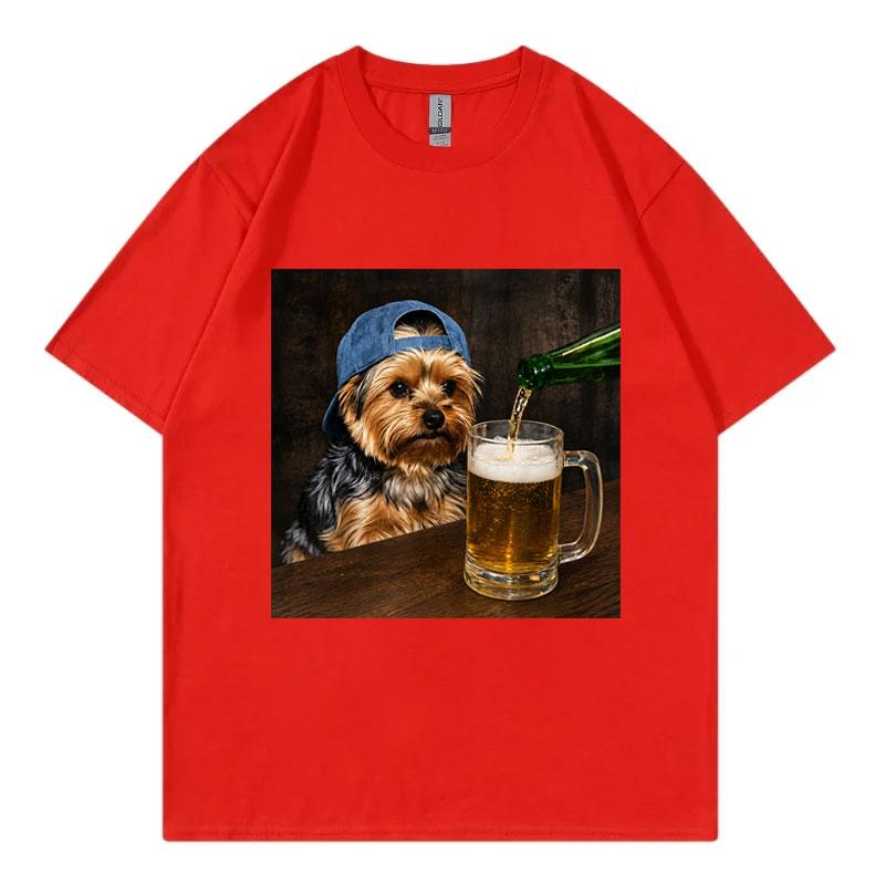 Yorkie Drinking Beer Funny Meme Graphic T Shirts Summer Casual  Short Sleeve T-shirtWomen Fashion O-Neck T-shirt