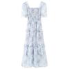 Retro Square Collar Floral Dress Summer New Super Fairy Mori Waist Thin Fungus Edge Long Skirt Milk Blue