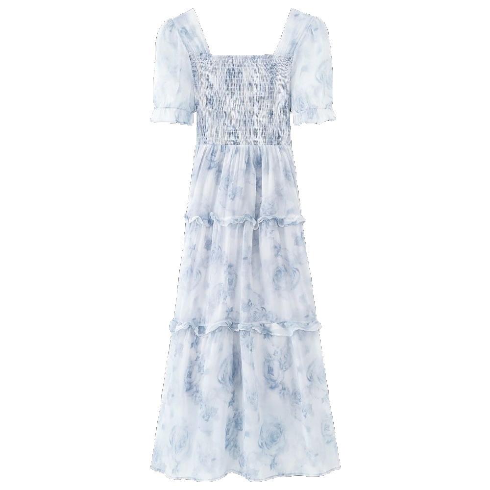 Retro Square Collar Floral Dress Summer New Super Fairy Mori Waist Thin Fungus Edge Long Skirt Milk Blue