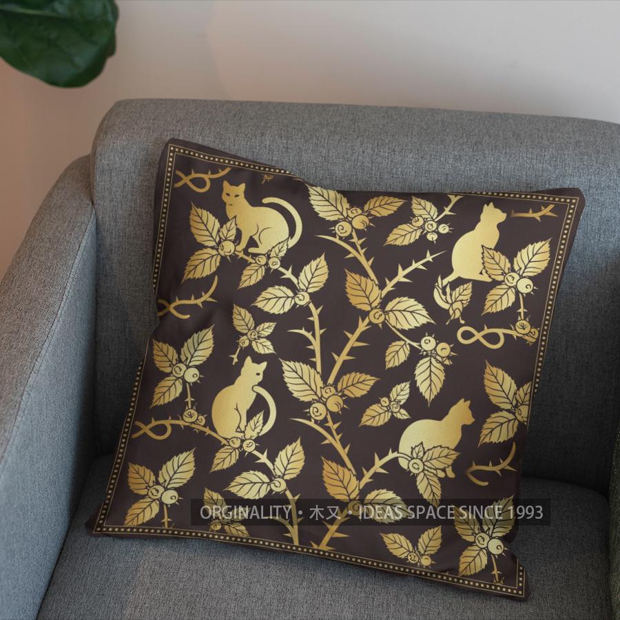2D Golden Cats And Branches Pillow Cover Pattern Cushion Cover Suitable For Sofa Bedroom Car Pillow Cover