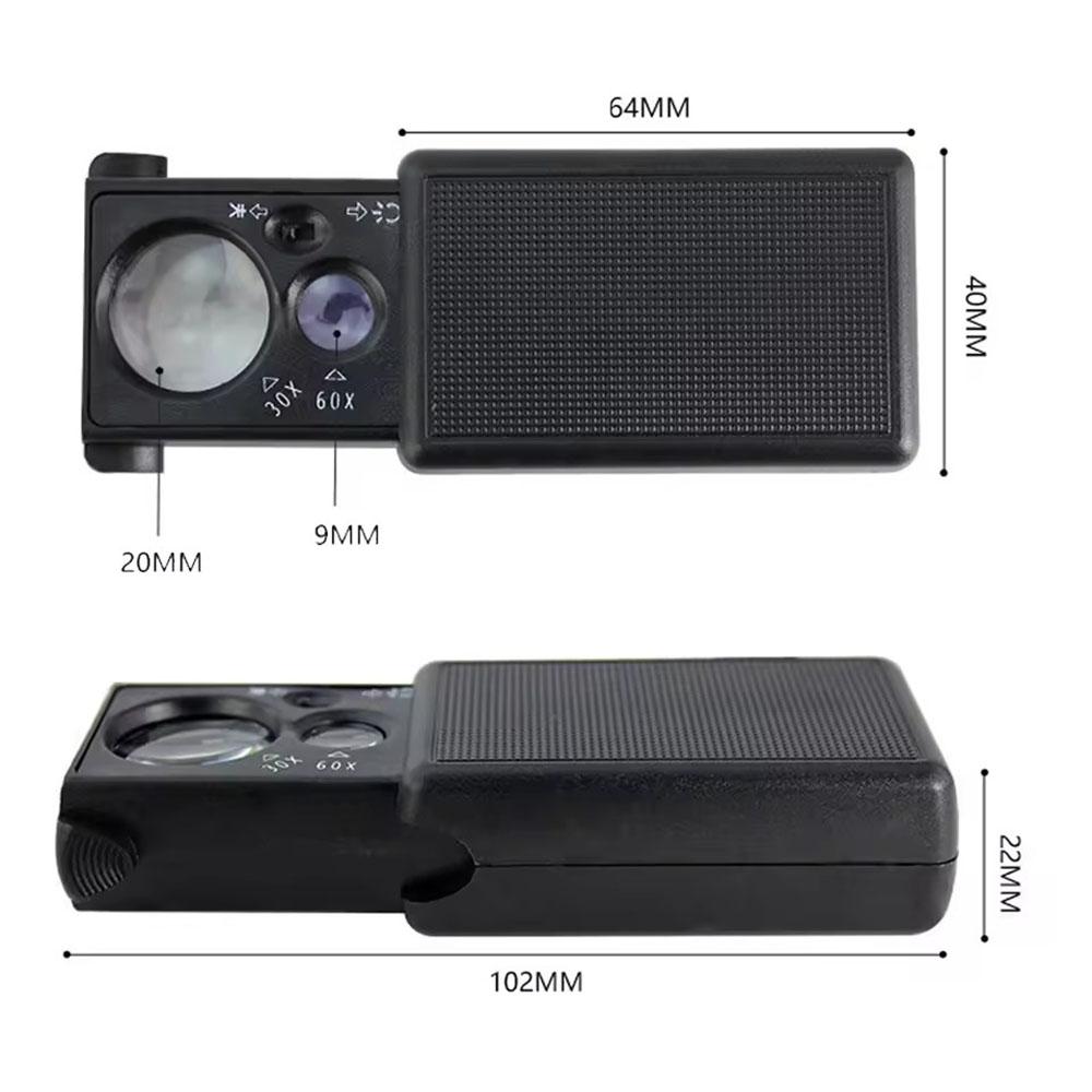 30X 60X Pocket Jewelry Magnifier Sliding Illuminated Magnifier with UV LED Light Hand Magnifier Lens for Diamond Coins