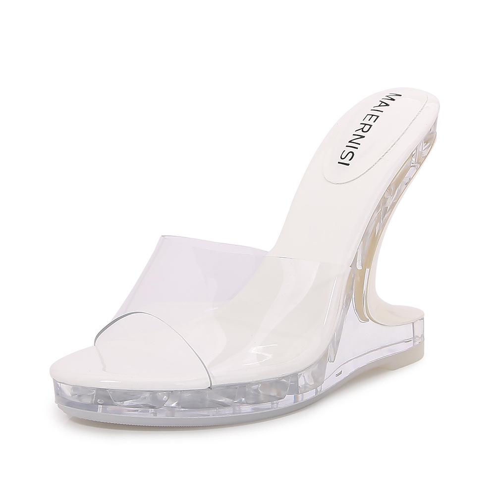 South East Asia Summer New High-heeled Sandals Versatile Transparent Banquet Crystal Shoes Open-toe Wear Fish Mouth Wedge