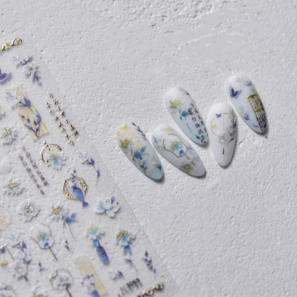 Blue and White Porcelain Chinese 5D Butterfly Flowers Vase Swallow Window Gold Stamping Nail Art Stickers Manicure Decals