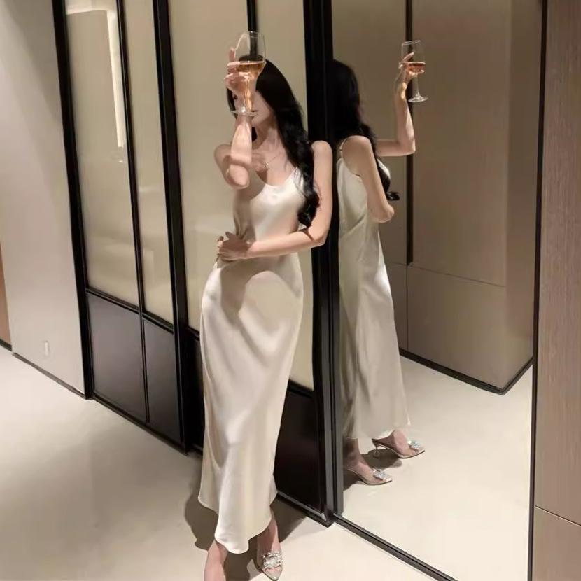New French U-neck satin suspender dress women's autumn and winter waist temperament bottoming dress