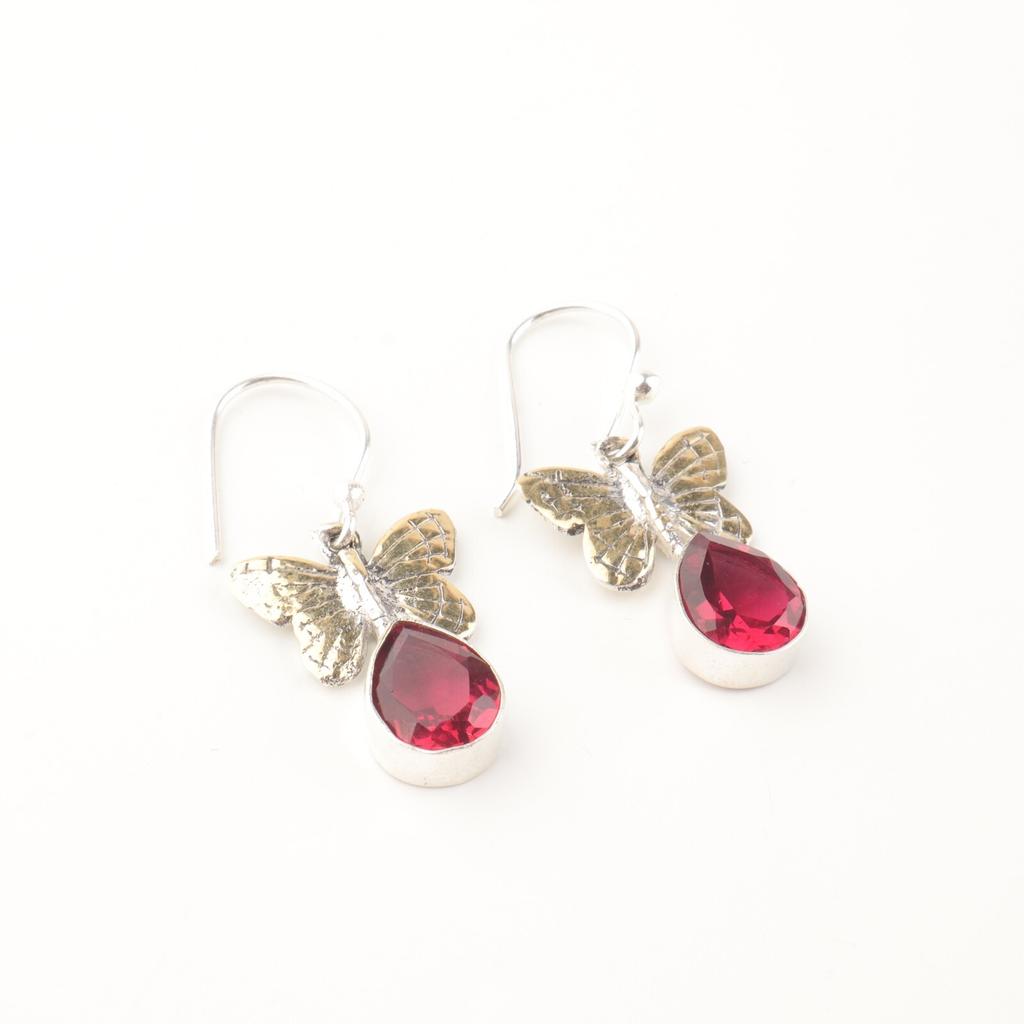 Natural Pink Rubellite Gemstone 925 Sterling Silver Handmade Hook Earrings 1.3" EE-155-4