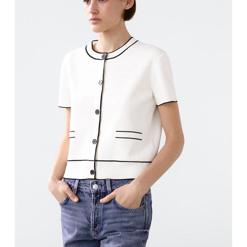 MD Summer New Arrival Women's Clothing Classic Style Gold Light round Neck Short Sleeve Knitting Cardigan 5771800