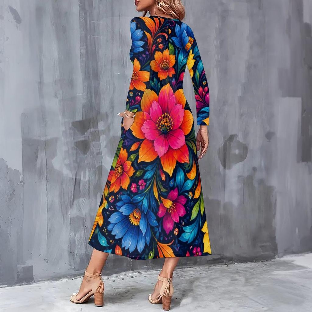 Women Plus Size Round Neck Long Sleeve Floral Printed A Line Midi Dress With Pockets