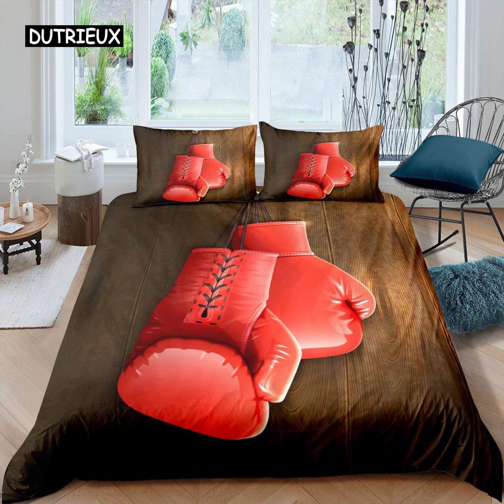 Boxing Duvet Cover Set Sports Games Theme Twin Bedding Set Microfiber Boxing Gloves Athlete Silhouette Queen King Quilt Cover