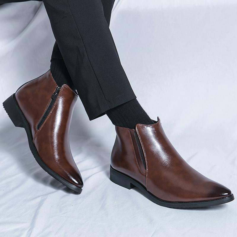 Fashion Classic Mens Slip on Low Top Casual Shoes 2024 Leather Pointy Chelsea Boots Men All-match Leather Side Zipper Male Ankle Boots