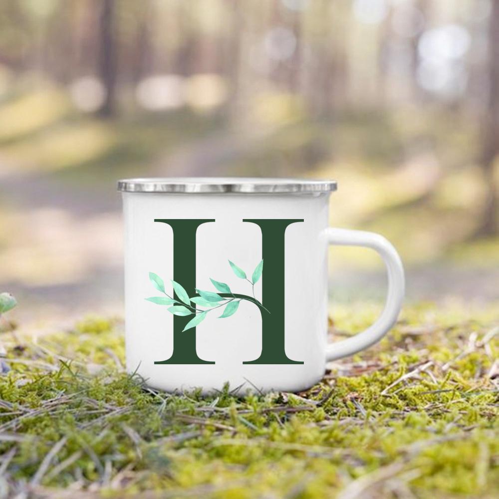 Emaille-Tasse mit Henkel, Aquarell, grünes Blatt mit Alphabet, Tasse, personalisierte Geschenke, Kaffee-Reisebecher, Bierbecher für Kaffee- und Teetassen