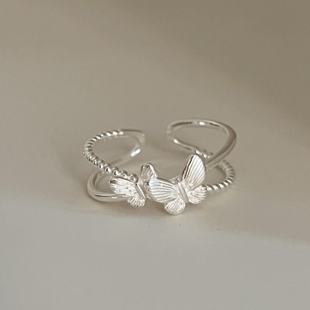 Simple Tibetan Silver Butterfly Ring Matte Light Adjustable Finger Geometric Ring 3D Silver Ring Party Birthday Gift