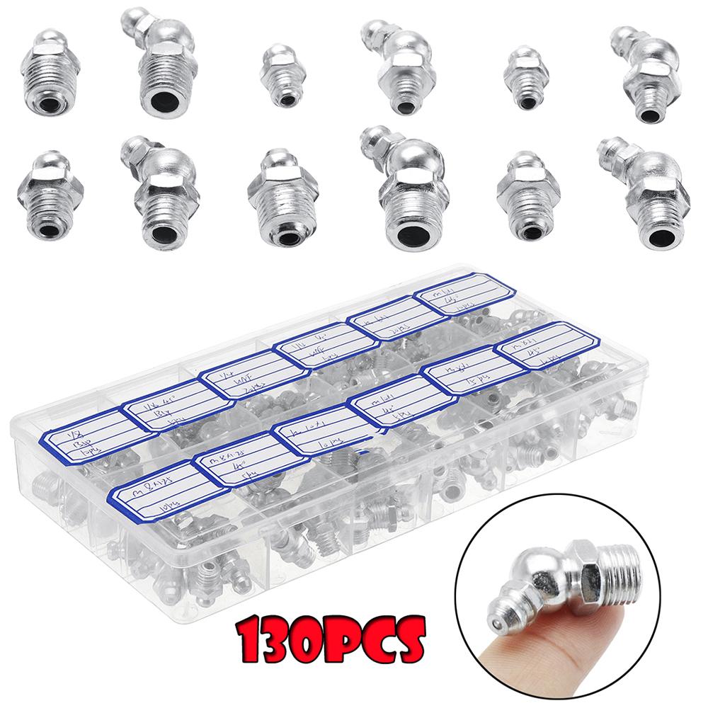 130Pcs Hydraulic Grease Nipples Galvanized Metal Grease Nipple Fitting Assortment Kits Fitting Metric Imperial BSP UNF