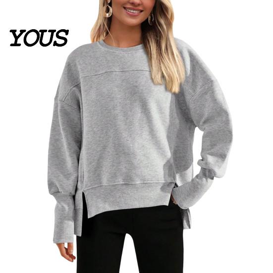 Drop Shoulder Long Sleeve Shirts Women Crew Neck Sweatshirt, Pullover, Loose Top Fit Casual Fall Winter with Side Slit Sweatshirt