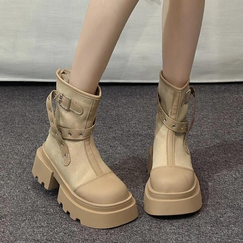 Fashion Winter Fashion Motorcycle Ankle Women Boots 2024 New Flats Platform Casual Shoes Trend Sports Leather Walking Woman Snow Boots