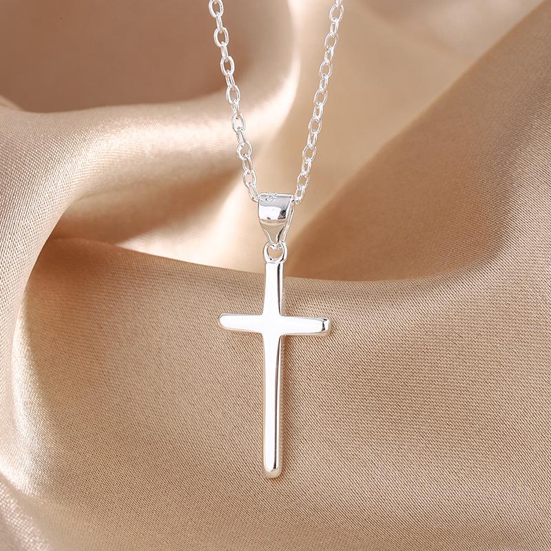 PANJBJ S925 Sterling Silver Korean Personality Glossy Cross Necklace Ladies Simple And Versatile Pendant Chain NecklacePANJBJ