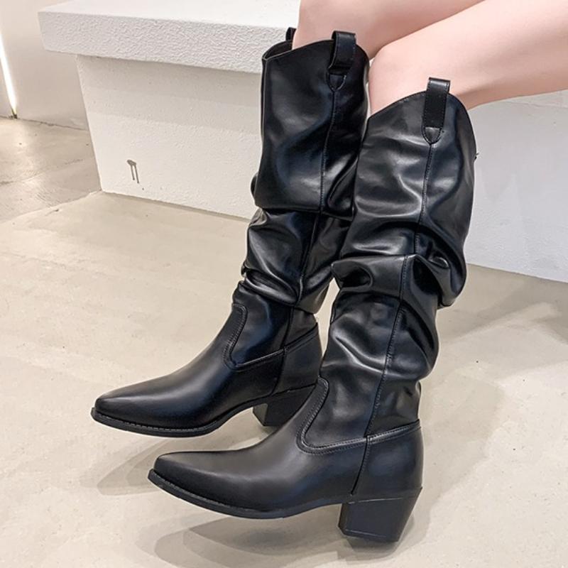 Women High Boots Pleated Knee High Heeles Shoes Sexy Pointed Toe Chunky Chelsea Boots 2025 Designer Winter New Pumps