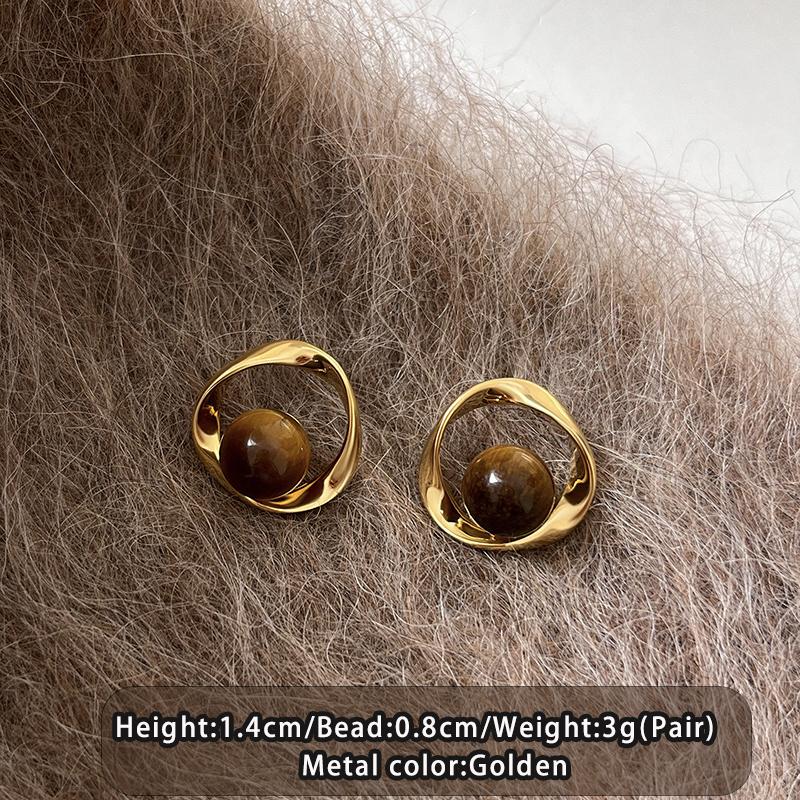 

Mirad Tiger Eye Stone Geometric Hollow Metal Gold Color Stud Earrings 2026 New Jewelry Versatile Accessories for Women and Girls