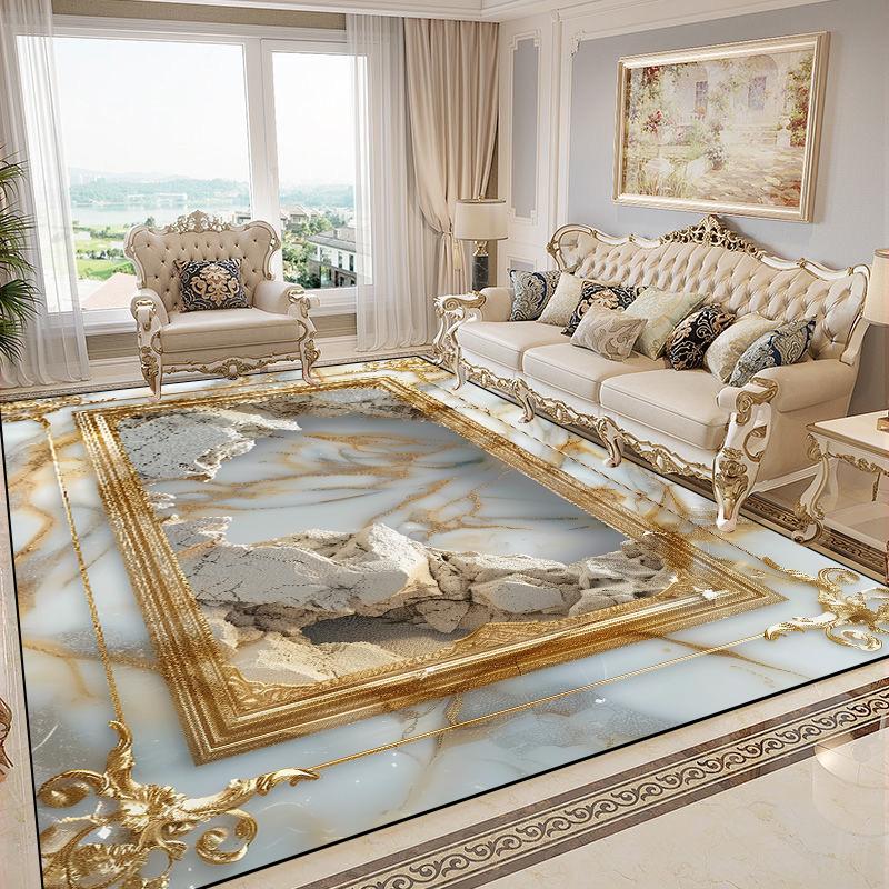 Luxurious Gold Carpets for Living Room Marble Style European Decoration Sofa Area Rugs Non-slip Bedroom Washable Soft Floor Mat