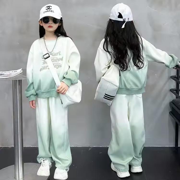 Spring Autumn Girls Kids Tracksuit Children Set Cloth Loose Gradient Sweatshirt Hooded + Wide Leg Pant Suit Teens 4 8 10 12 Year