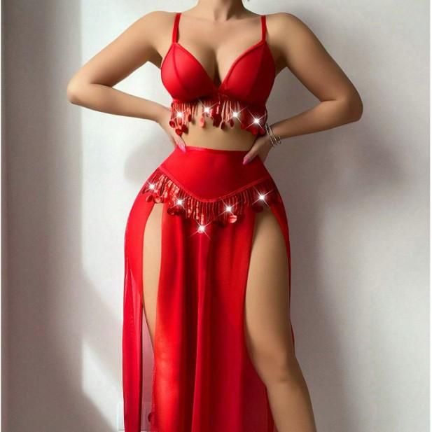 European and American Large-size Erotic Underwear Exotic Belly Dance Sexy Perspective Slit Skirt Thong