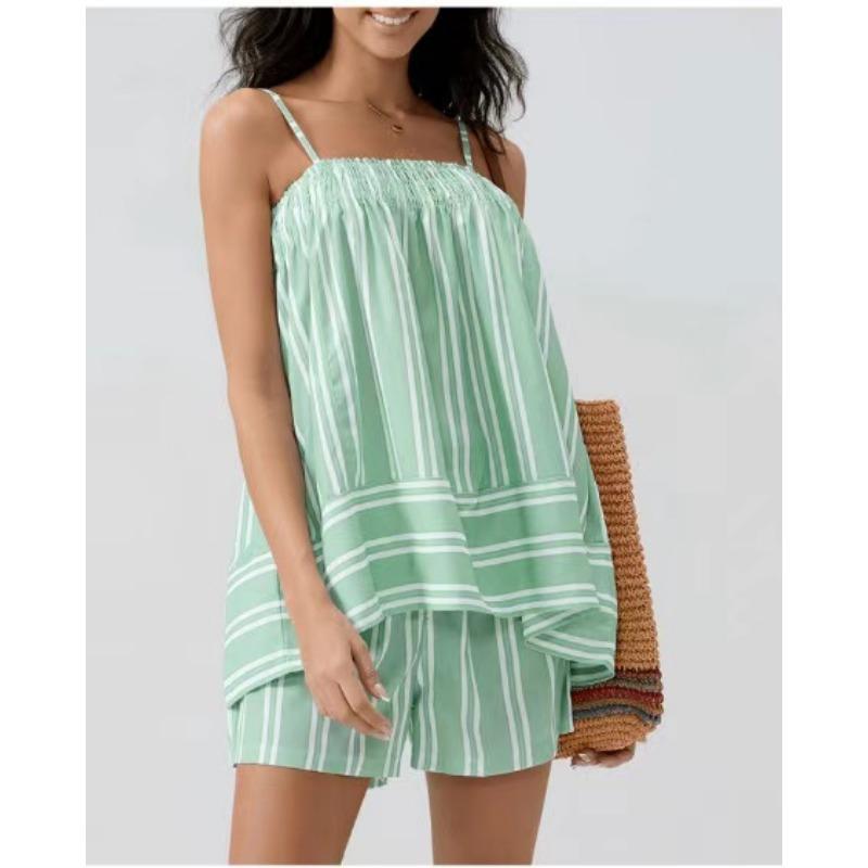 

VEZFAA Женская мода повседневная летняя весенняя полосатая безрукавка с подтяжками брюки костюмы XL светло-зеленый