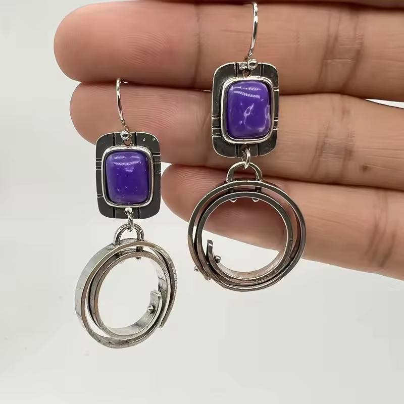 Vintage Bohemian Style Tibetan Silver Geometric Pendant Women's Ethnic Blue Pendant Earrings Jewelry