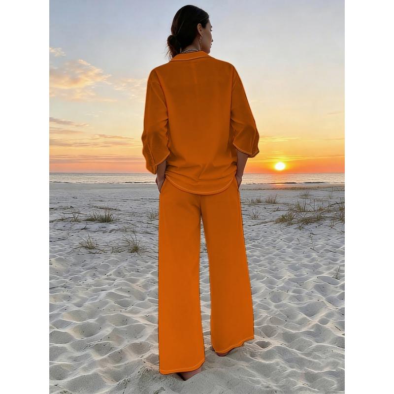 Warm orange solid color shirt wide-leg pants two-piece women's simple style long-sleeved trousers suit
