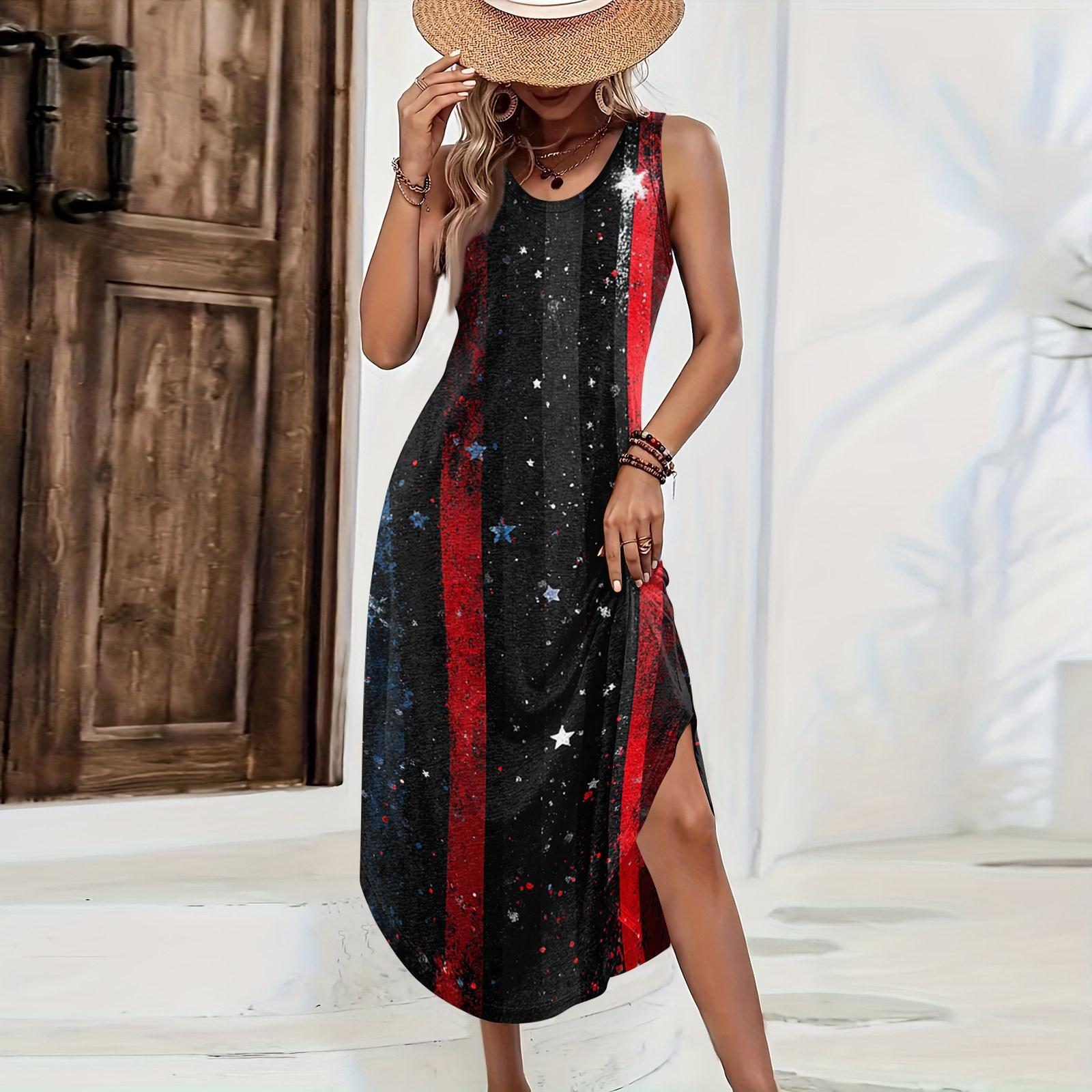 

Women s Sleeveless Casual Loose Fit Long Dress with Star Print Side Slit Summer Beach Maxi Dress for Daily Wear L чёрный
