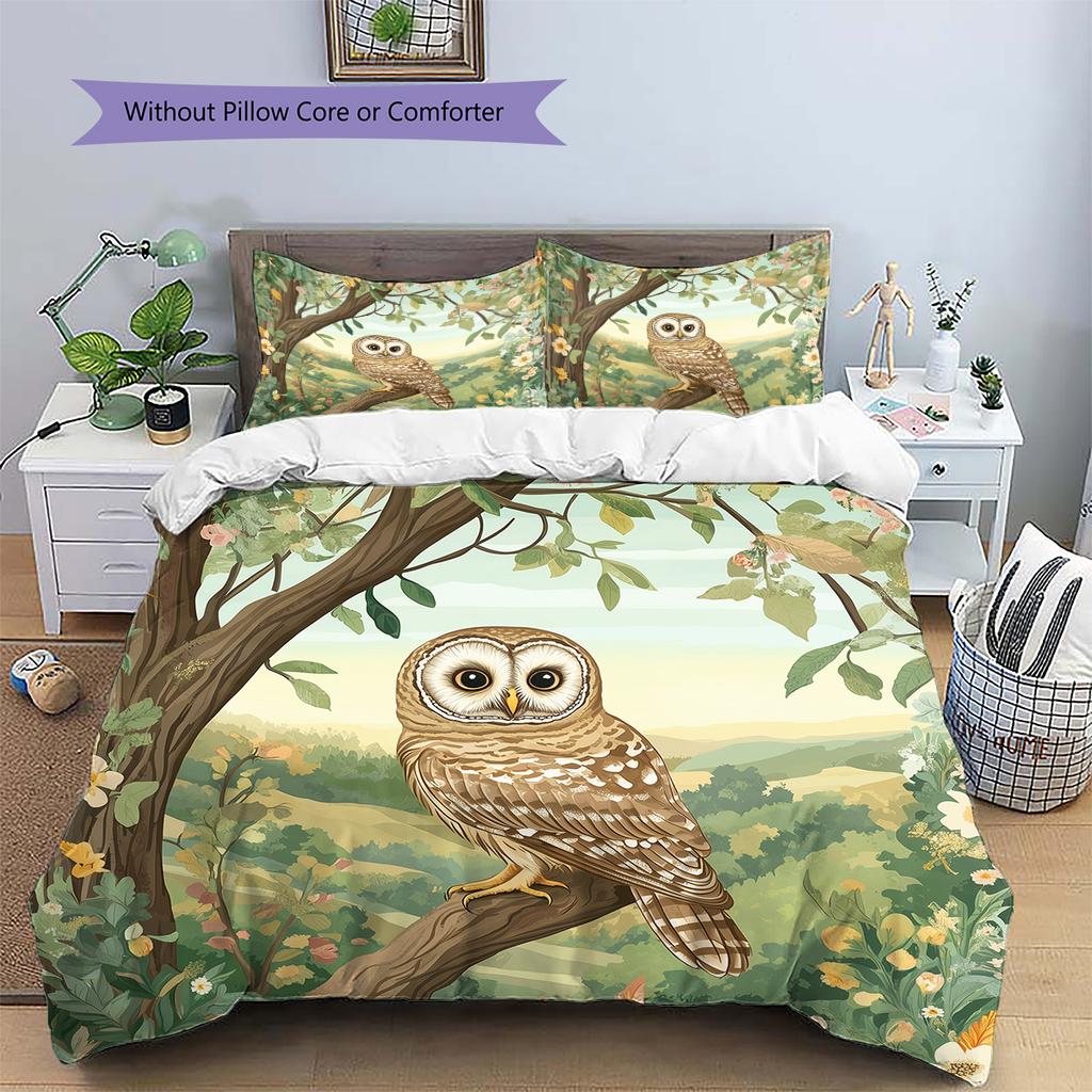 Eule auf Ast Muster Bettwäsche Quilt Set Heimdekoration Geschenk (1 Bettbezug + 2 Kissenbezüge, ohne Füllung)