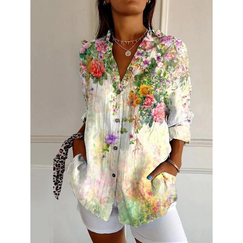 Women Casual Print Shirt Summer Elegant Long Sleeve Button Tops Shirts Womens Clothing