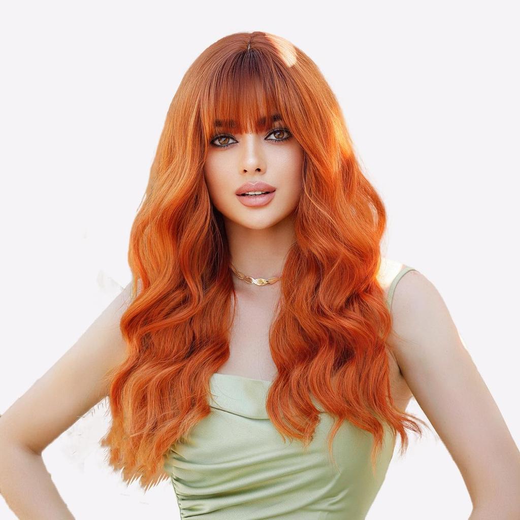 Vibrant Orange Ginger Wig - 26" Heat Resistant Loose Waves with Blunt Bangs, Platinum & Pink Balayage Synthetic Hair for Cosplay & Parties
