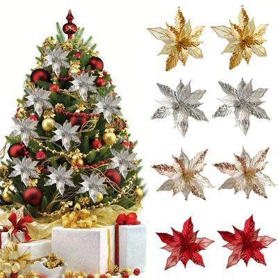 25cm Sequin Christmas Flowers Artificial Flower Christmas Floral Fake Flower Xmas Tree Ornaments Christmas New Year Decor