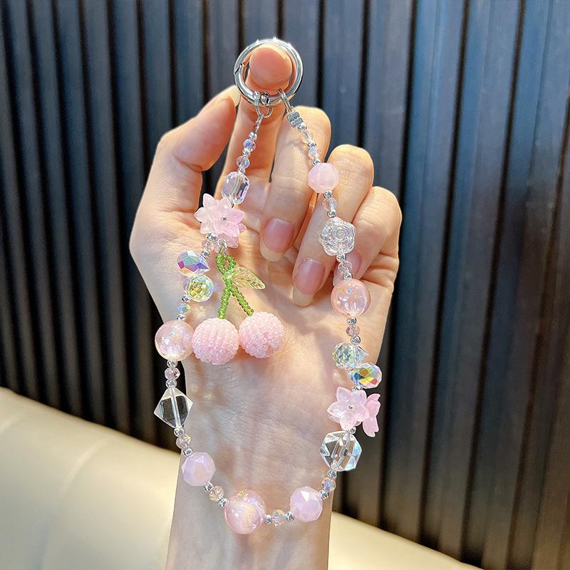 

Cherry Beaded Mobile Phone Chain Crystal Bow Key Bag Lanyard Pearl Mobile Phone Lanyard