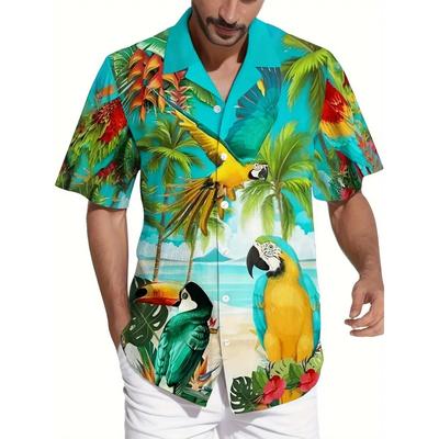 Men's Vibrant Parrot Tropical Floral Print Hawaii Shirts Casual Short Sleeve Button Up Beach Shirt For Men Summer Vacations