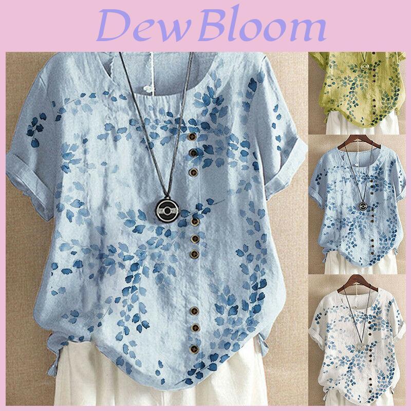 Women's Cotton Linen Floral Blouse With Short Sleeves For Summer Comfort