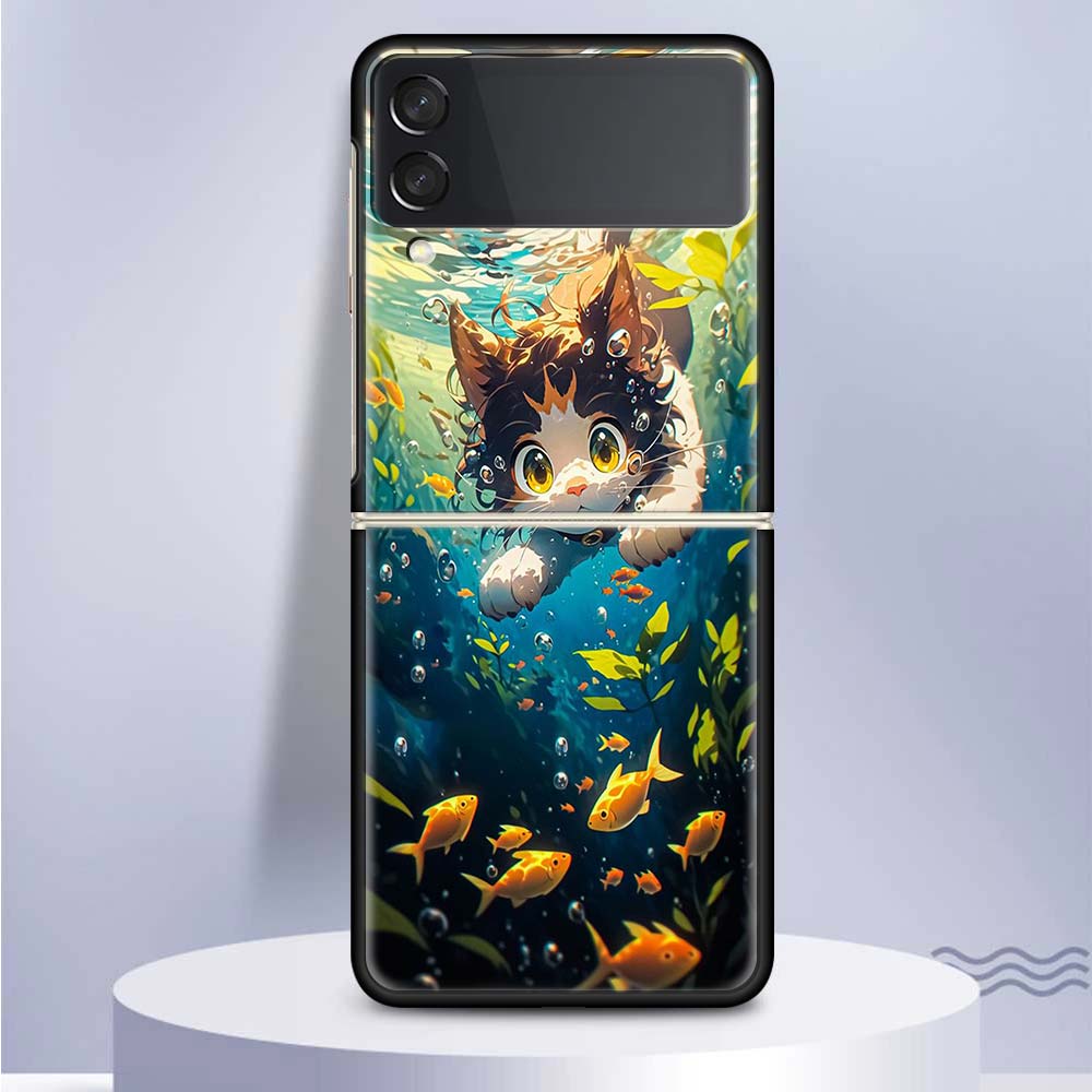 Cartoon Cute Cat Fish Aesthetic For Samsung Galaxy Z Flip 5 4 3 5G Phone Case Black Hard Cover ZFlip 5 4 3 Luxury Shockproof Bum