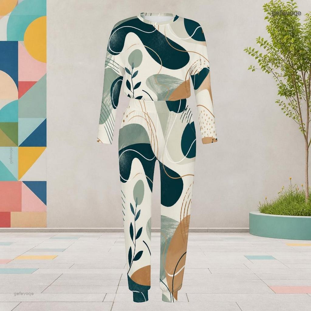 Women Plus Size Round Neck Long Sleeve Printed Two Piece Set Cuffed Top Cuffed Pants With Pockets