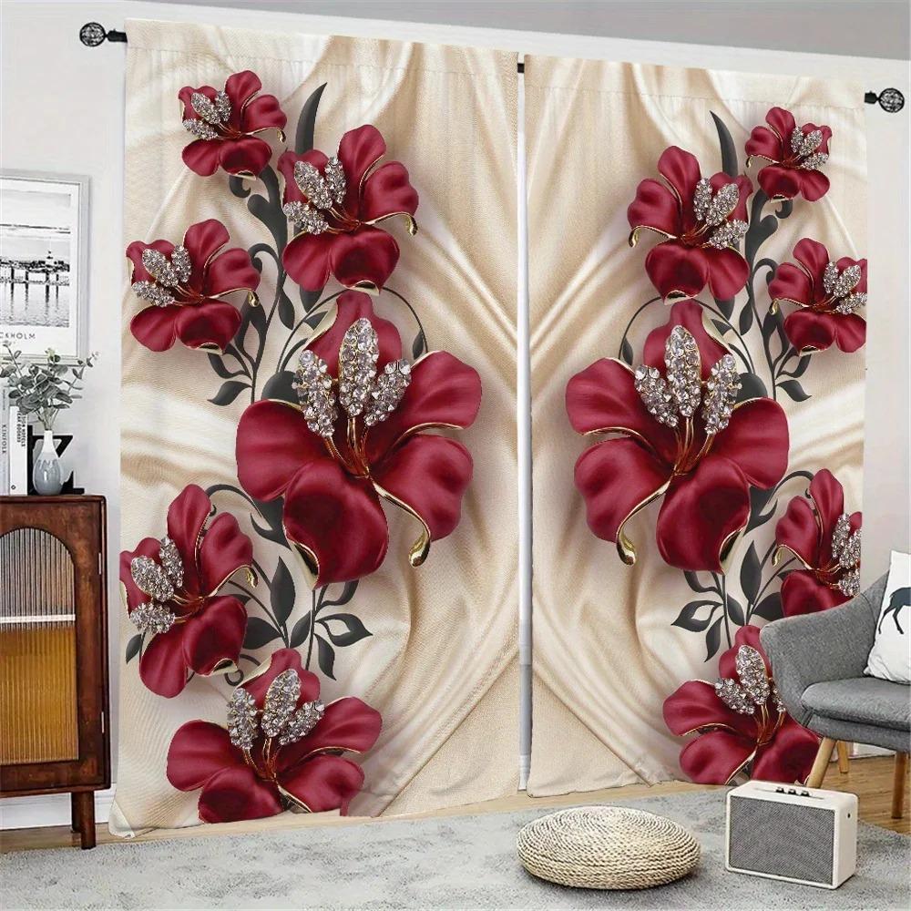 Cortinas con patrón de flores tridimensionales 3D de 2 piezas para sala de estar, juego de tratamiento de ventana con ojales en la parte superior para sala de estudio y decoración del hogar